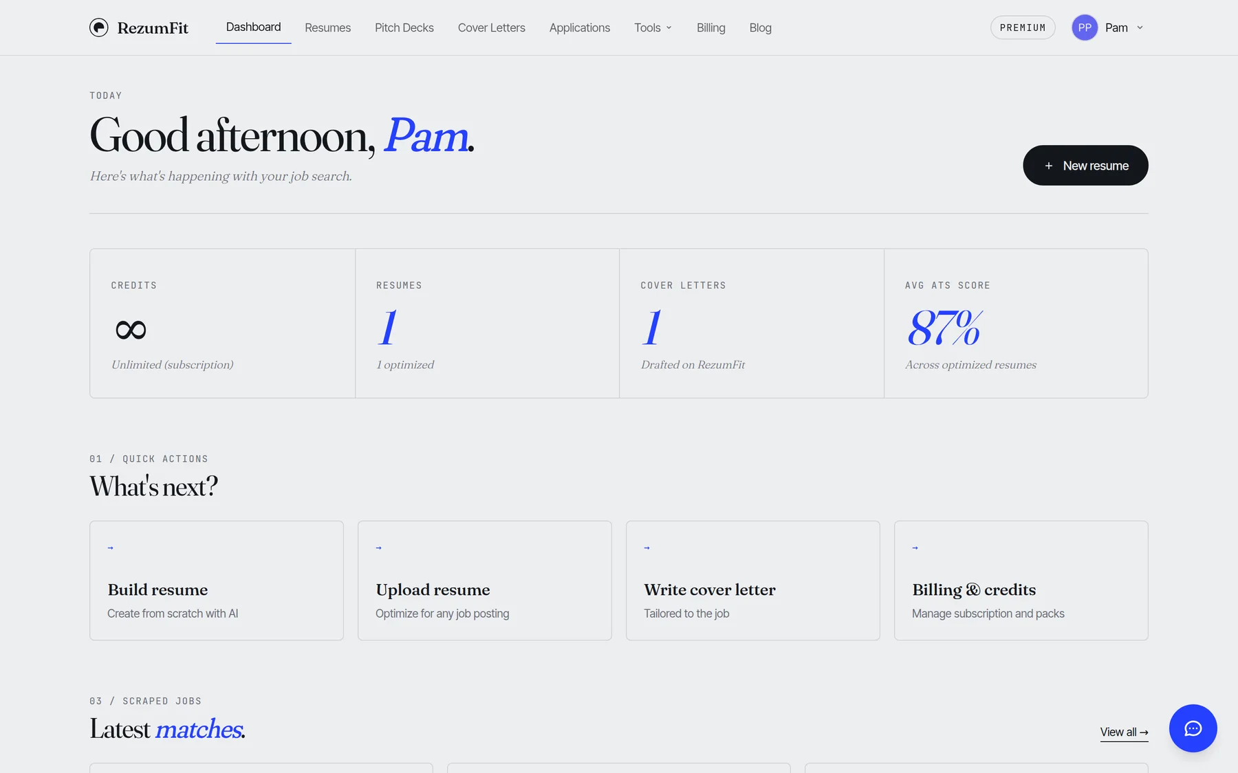RezumFit dashboard showing credits, resumes, cover letters, and average ATS score