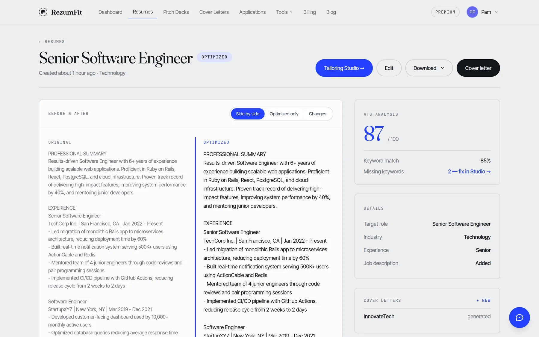 RezumFit resume page with before and after comparison, ATS analysis, and downloads