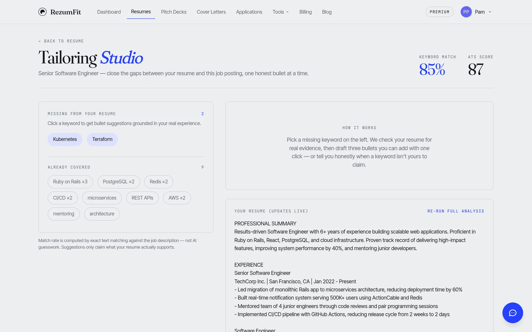 RezumFit Tailoring Studio with keyword match rate, missing keywords, and live resume